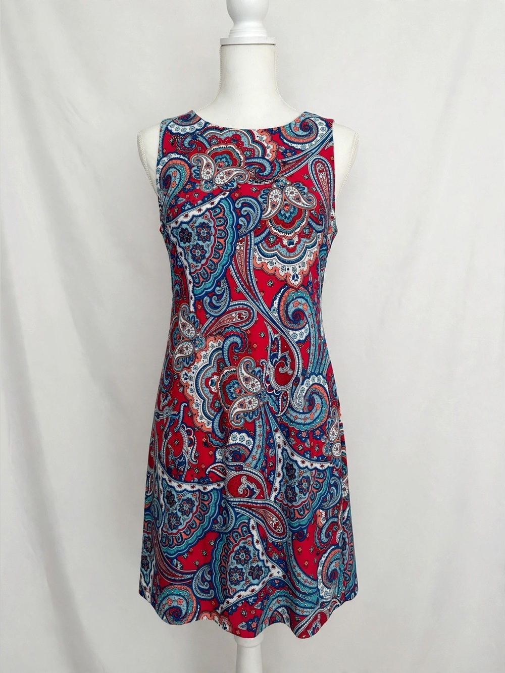 Tommy Hilfiger Red Paisley Sleeveless Shift Dress with Blue Accents